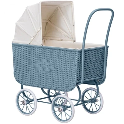 Afbeelding van Poppenwagen Retro Rotan Blauw