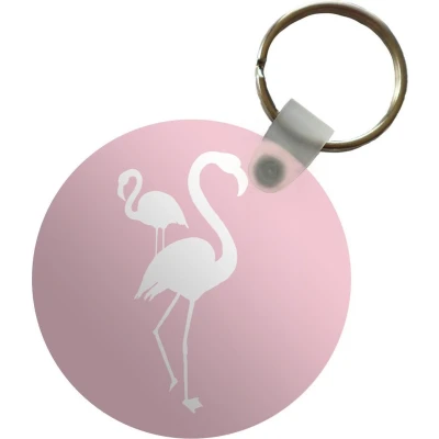 Afbeelding van Sleutelhanger Flamingo Wit Illustratie Plastic Rond Uitdeelcadeautjes