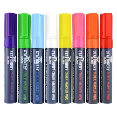 Afbeelding van Stationery Island Krijtstiften W80 Pak Van 8 Diverse Kleuren 8mm Penpunten whiteboardmarkeringen Nat Uitwisbaar krijtmarker. Hoge kwaliteit whiteboardpennen, whiteboardstiften.