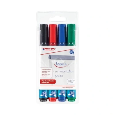 Afbeelding van edding 380 flipchart marker set van 4 zwart, rood, blauw, groen roonde punt 1,5 3 mm stift voor schrijven, tekenen en markeren op flip over papier drukt niet door droogt uit