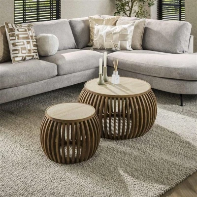 Afbeelding van Hoyz Collection Salontafel Set 2 Curve Nuovo Travertin Massief Mango Zandkleur