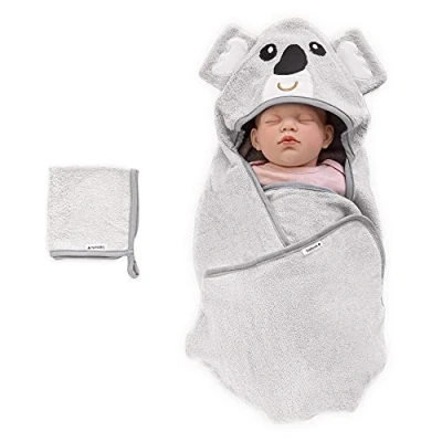 Afbeelding van Navaris badcape met capuchon Voor baby Set en washandje 100% bamboe baby&#039;s van 0 12 maanden Oeko tex gecertificeerd Koala