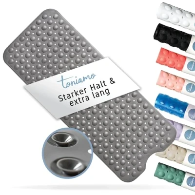 Afbeelding van Toniamo badmat, antislip, 100 x 40 cm, extra lange antislipmat, badkuip zonder BPA, antibacterieel en machinebestendig, grijs