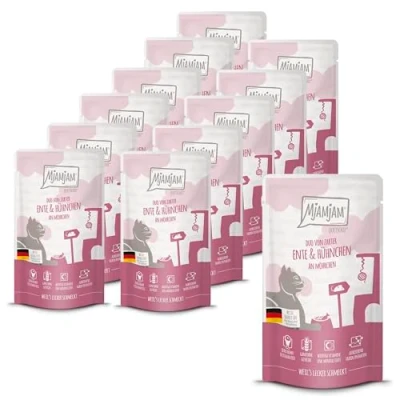 Afbeelding van MjAMjAM Premium natvoer voor katten Quetschie DUO van malse eend &amp; sappige kip met worteltjes, pak 12 (12 x 125g), graanvrij extra vlees