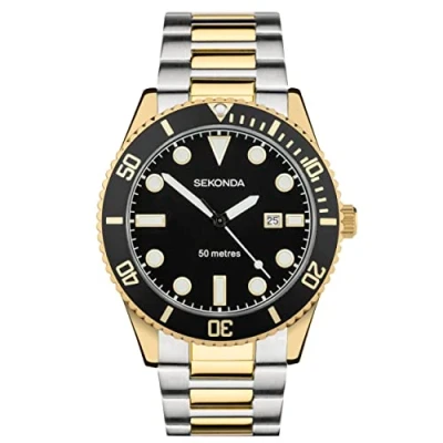 Afbeelding van Sekonda Oceans Heren 43 mm quartz horloge met analoge datumweergave en roestvrijstalen armband, Zwart/Two Tone, armband