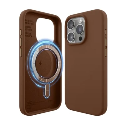 Afbeelding van elago Magnetische Silicone Hoesje Compatibel met iPhone 15 Pro Case, MagSafe Alle Accessoires, Ingebouwde Magneten, Premie Siliconen [5 Laags Structuur] (Bruin)