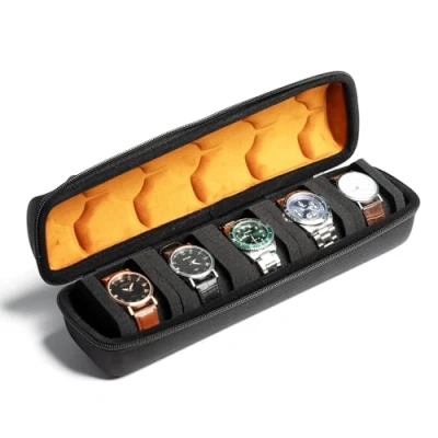 Afbeelding van Hard Watch Roll Travel Case, 5 Slot Rits Case Opslag en Organizer voor Mannen Vrouwen, met anti move horloge kussen (zwart microfiber voering)