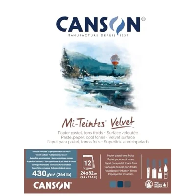 Afbeelding van CANSON Mi Teintes Velvet pastelpapier, fluweelachtig oppervlak, 430 g/m², aan de korte zijde, 24 x 32 cm, 3 koude tinten, 12 vellen