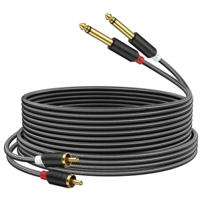 Afbeelding van J&amp;D Dual 1/4 inch TS naar RCA Verbindingskabel, Vergulde Audiowave Series 2 x 6,35 mm Mannelijk Stereo Audio Adapter met PVC Behuizing en Nylon Braid (2,7 Meter)