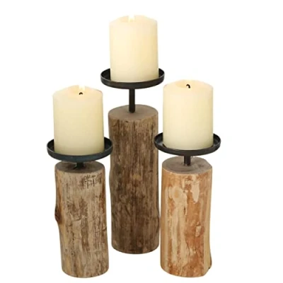 Afbeelding van Boltze Kandelaar Tempe (3 delige set, kaarsenhouder van hout + metaal, stijlvol design, decoratie eettafel/commode, boho stijl) 4221400