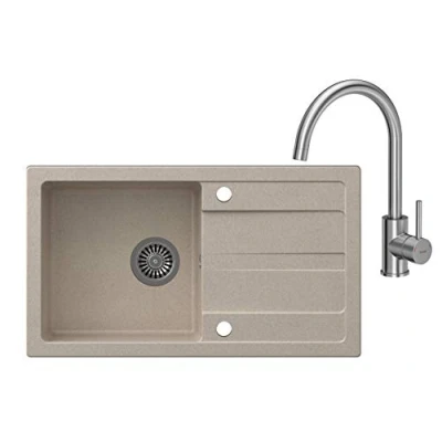 Afbeelding van VBChome spoelbak met kraan beige 77 x 43,5 cm graniet enkele wastafel afdruipvlak gespikkeld omkeerbaar composietspoelbak keukenkraan + sifon afwasmiddeldispenser