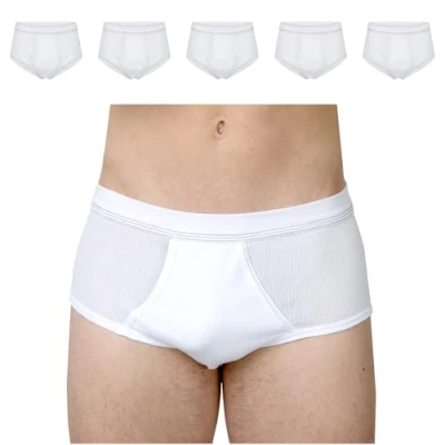 Afbeelding van SES Dubbelgeribde onderbroeken voor heren, wit, verpakking van 5 stuks, 100% katoen, S 4XL, kookvaste herenonderbroeken met gulp en zachte tailleband, onderbroek mannen, hoogwaardige