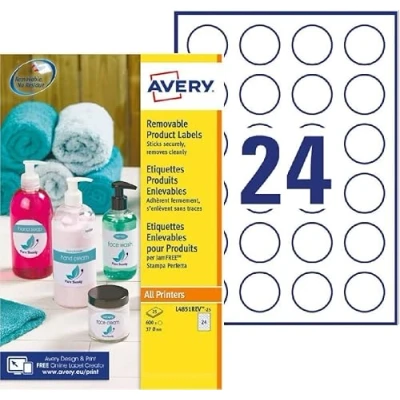 Afbeelding van Avery Zelfklevende verwijderbare ronde etiketten, 24 etiketten per A4 blad, 600 wit