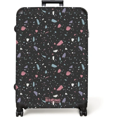 Afbeelding van NoBoringSuitcases.com® Koffer groot Reiskoffer lichtgewicht Terrazzo patroon zwart met pastel Rolkoffer 4 wielen Grote trolley XL 98 liter bagage