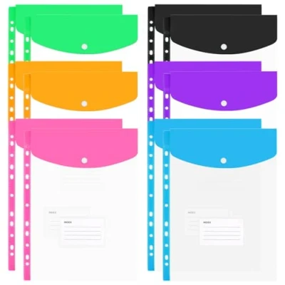 Afbeelding van plastic portefeuilles A4 geponste zakken 12PCS uitbreidbare mappen documentbestanden Popper met knopsluiting en etiketzak voor thuis, kantoor schoolbestanden, diverse kleuren