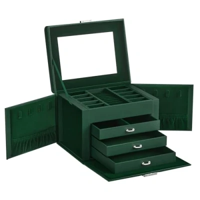 Afbeelding van SONGMICS Sieradenkistje met 4 niveaus, accessoiredoos, handgrepen, 3 laden, spiegel, slot, opslag voor sieraden reizen, modern, retro groen JBC159C01