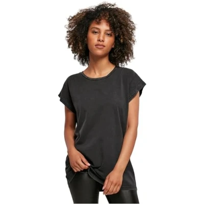 Afbeelding van Build Your Brand Dames Ladies Acid Washed Extended Shoulder Tee T shirt, zwart, XL