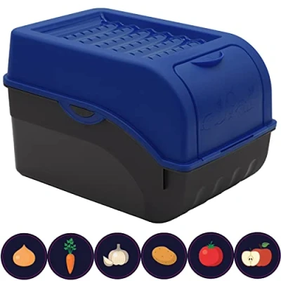 Afbeelding van ARTECSIS Voorraaddoos met deksel + 6 stickers / 29x19x19cm, 5L 4 kg aardappelen/donkerblauw voor groenten en fruit, appels uien