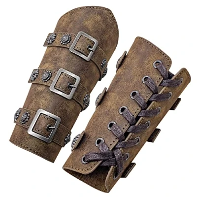 Afbeelding van HiiFeuer Middeleeuwse PU lederen Gesp Armbracers, Ridder LARP Retro Renaissance Armbeschermers, één maat paar(Brons)
