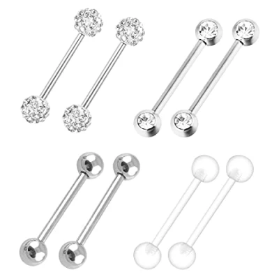 Afbeelding van LEEQ 4 paar barbellring 316L inless stalen tepelringen kubieke zirkonia tongringen body piercing sieraden, 14 gauge door