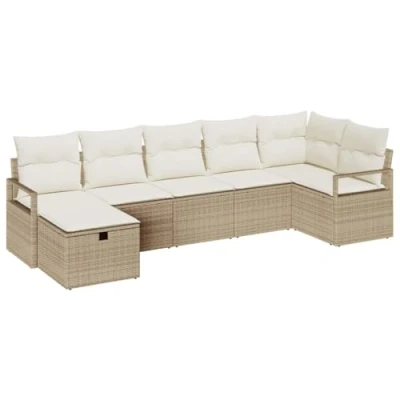 Afbeelding van vidaXL 7 delige tuinsofaset met kussens Beige Poly Rattan
