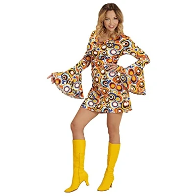 Afbeelding van Widmann Hippie Kostuum Groovy Gavin 70s Damesjurk, Luchtbellen Vrouw Oranje, Multicolor XS Carnavalskleding Verkleedkleding