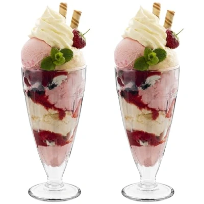 Afbeelding van HEFTMAN Ice Cream Sundae Glazen Set van 2 Hoge 350ml Milkshake met Klassiek, Helder Ontwerp Retro American Diner Style Knickerbocker Glory Brillen, Vaatwasmachinebestendige Dessertglazen (2