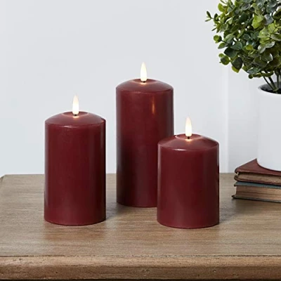 Afbeelding van Lights4fun Set van 3 stuks Bordeaux TruGlow® Batterij LED vlamloze pilaar kaarsen echte wax timer