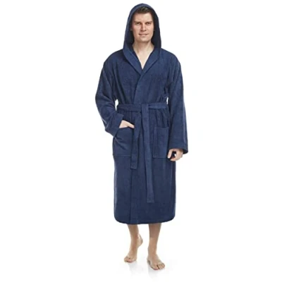 Afbeelding van Pacific Herenbadjas met capuchon, kuitlengte, 100% Katoenen Badstof, Marine Blauw, L