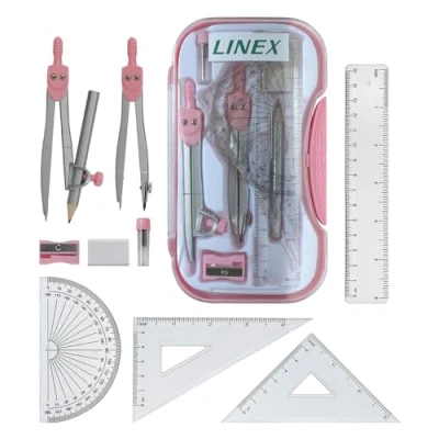 Afbeelding van Linex Roze Geometrie Set, Wiskunde GCSE, Middelbare School 10 Stuks, Kompassen, Gradenboog