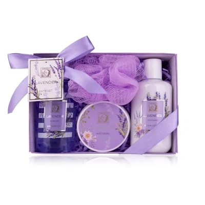 Afbeelding van Accentra Doucheset dames cadeauset LAVENDEL in mooie geschenkdoos 4 delige verzorgingsset met douchegel, bodylotion, body butter en mesh spons voor Valentijnsdag Moederdag