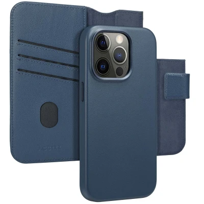 Afbeelding van Apple iPhone 14 Pro MagSafe Hoesje Echt leder Accezz Bookcase/2 in 1 Case Donkerblauw Telefoonhoesje