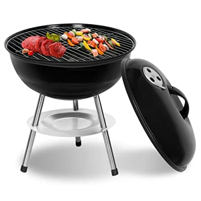 Afbeelding van Sunjas Houtskoolgrill met deksel, kleine kogelgrill, mini picknick grill, geëmailleerde campinggrill voor tuin, BBQ enz. (zwart)
