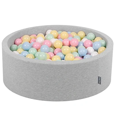 Afbeelding van KiddyMoon 90 x 30 cm babyballenbak van schuim / 200 ballen met diameter 7 cm. Gecertificeerd gemaakt in EU, lichtgrijs: pastelblauw pastelgeel wit lichtgroen (Mint) lichtroze