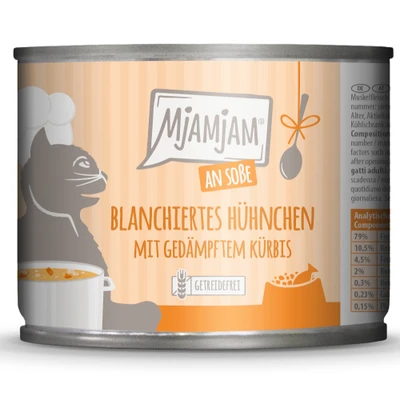 Afbeelding van 6x185g MjAMjAM in saus geblancheerde kip met gestoomde pompoen kattenvoer nat