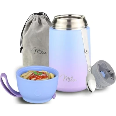 Afbeelding van Milu Thermosfles voor levensmiddelen, 800 ml, geïsoleerde roestvrijstalen fles, drinken en soep kinderen volwassenen, thermo isolerend (800 ml/blauw paars)