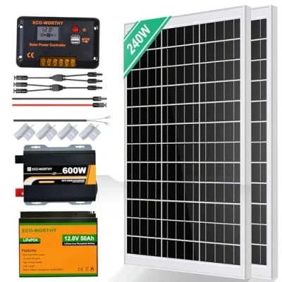 Afbeelding van ECO WORTHY 240 W zonne installatie, complete set eilandinstallatie, netonafhankelijke kit voor camper: 2 stuks 120 zonnepaneel + 30 A laadregelaar 1 50 Ah lithiumbatterij 600 sinusomvormer