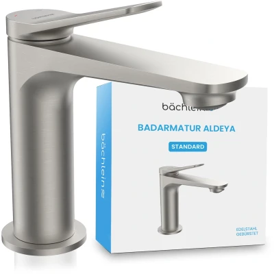 Afbeelding van Bächlein badkamerkraan Aldeya in modern design, ééngreepsmengkraan met duurzame keramische cartouche en installatieset, geborsteld roestvrij staal