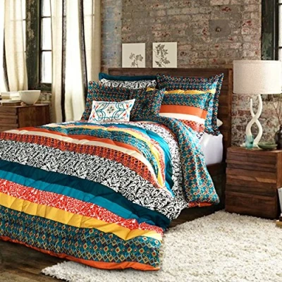 Afbeelding van Lush Decor Dekbed beddengoed kleurrijk patroon Boheemse stijl omkeerbaar 7 delige set, turkoois &amp; mandarijn, vol/koningin