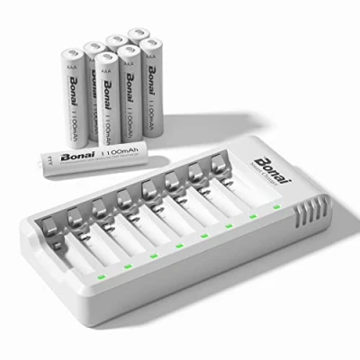 Afbeelding van BONAI Batterijlader, 8 Slots LED batterijlader voor AA/AAA Ni MH CD Oplaadbare batterijen met USB port en pakket van 1100mAh AAA batterijen, Wit