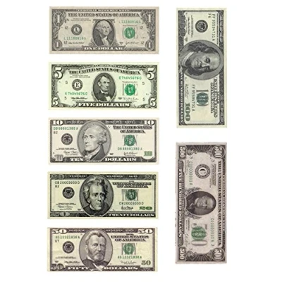 Afbeelding van 1 x A4 bedrukt met aparte dollarrekeningen geld decor ijsblad eetbare cake topper versierd blad 7 verschillende dollarbiljetten