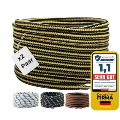 Afbeelding van LaceHype 2 Paar premium ronde veters, diameter 4,5 mm, polyester, voor werkschoenen, laarzen, outdoorschoenen en sportschoenen, scheurbestendige schoenveters, geel/zwart, 120 cm