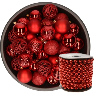Afbeelding van 37x stuks kunststof kerstballen 6 cm inclusief kralenslinger rood Kerstbal