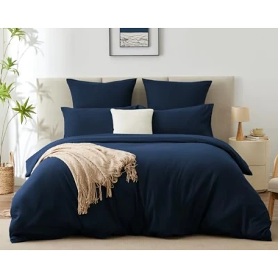 Afbeelding van WAVVE Dekbedovertrek 260 x 240 cm met 2 kussenslopen 65 cm, beddengoedset voor tweepersoonsbed 200 ritssluiting, dekbedovertrekset van microvezel, donkerblauw
