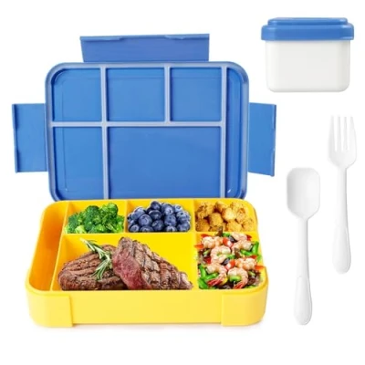 Afbeelding van AiQInu broodtrommel voor kinderen met vakken, 1330 ml, kleuterschool, lekvrije lunchbox kinderen, 100% BPA vrij, bentobox, snackbox, lunchbox, geel