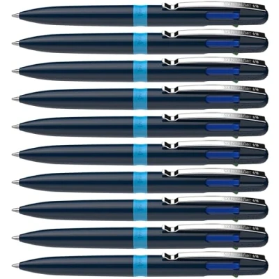 Afbeelding van Schneider 138003 Take 4 balpennen meerkleurig (4 kleuren, vullingen vervangbaar, gerecyclede kunststof) donkerblauw lichtblauw, 10 stuks