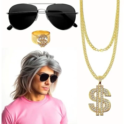 Afbeelding van 4 in 1 mul set met Assi pruik, gouden ketting, bril voor carnaval &amp; 80s 90s kostuum