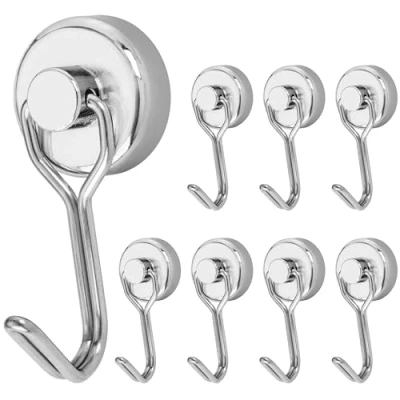 Afbeelding van Poppstar Magneet Haken Extra Sterk Verdraaibaar 8 Stuks (15 kg Houdkracht, Lengte 4,3 cm, Diameter 2 cm) Neodymium Magneethaken, Zilver