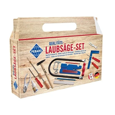 Afbeelding van Pebaro 925P figuurzaagset in draaggreep, karton, 21 delig, praktische kofferverpakking, complete set met figuurzaagboog, made Germany, figuurzagen, knutselen hout, knutselset, cadeau idee voor