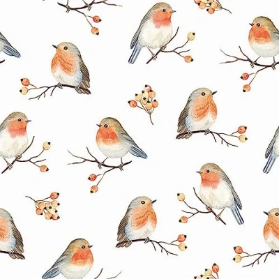 Afbeelding van 20 servetten Kerstmis veel kleine roodborstjes als tafeldecoratie. Papieren met motief. Ook voor decoupage en servettentechniek 33x33cm